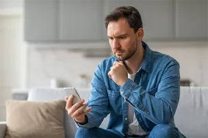 Homem usando camisa azul, sentado no sofá, olhando para o celular com expressão pensativa